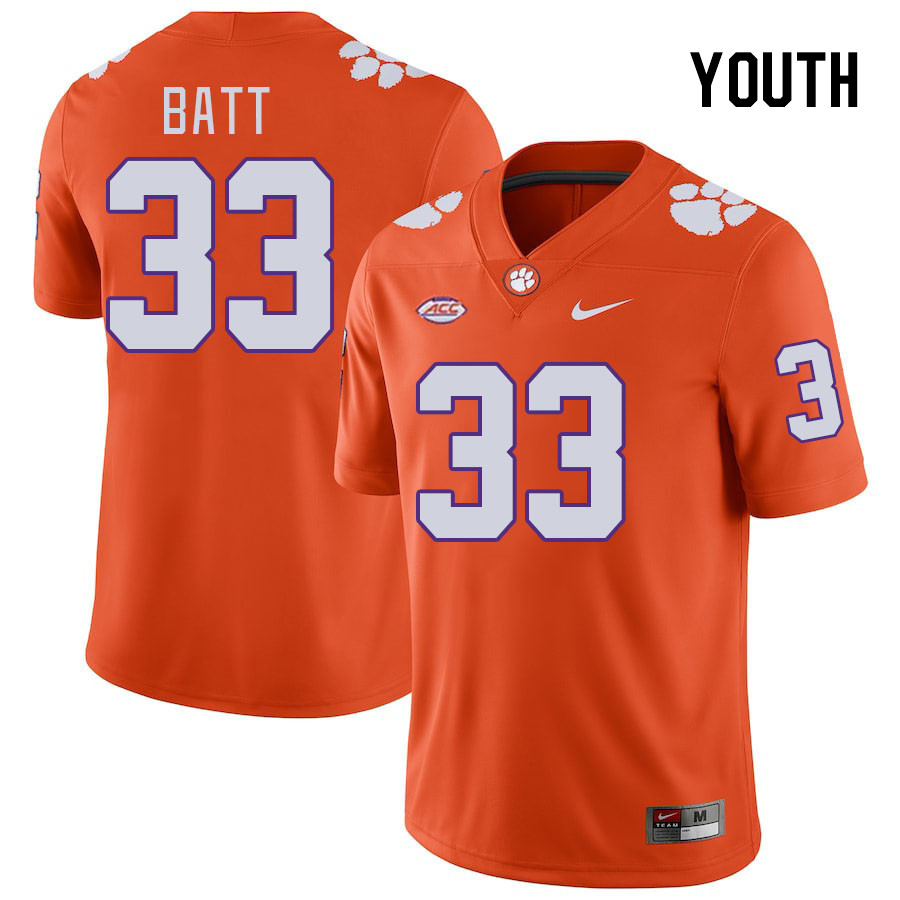 Youth #33 Griffin Batt Clemson Tigers College Football Jerseys Stitched-Orange